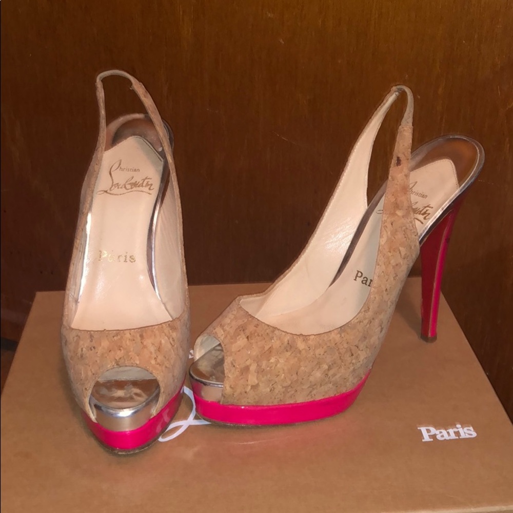 Christian Louboutin neon pink cork sling backs